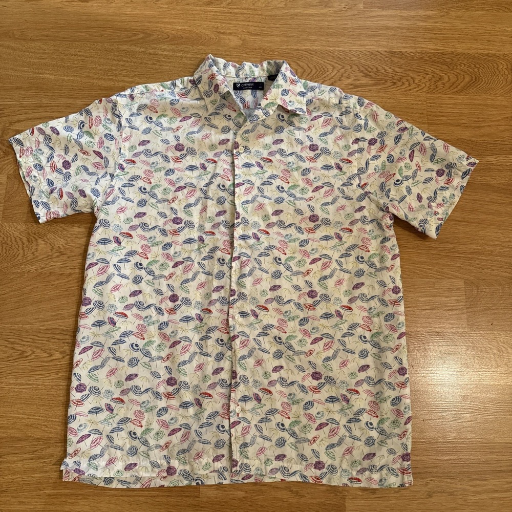 Cremieux‎ Collection Shirt Men's Large Multicolor Umbrellas Cotton Lyocell Linen